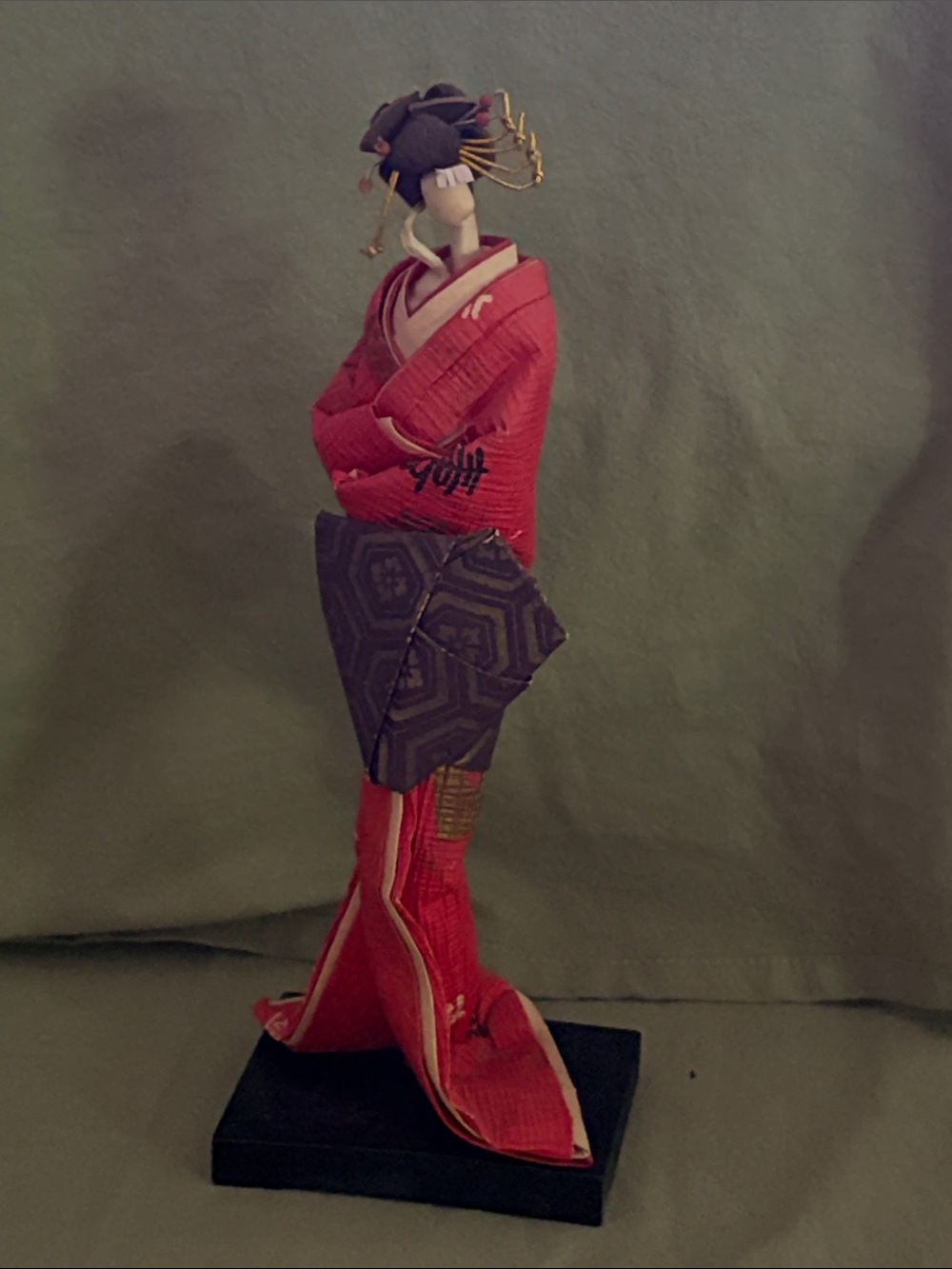 Rare find! Red Geisha Figurine with Purple Obi Japanese Washi paper doll